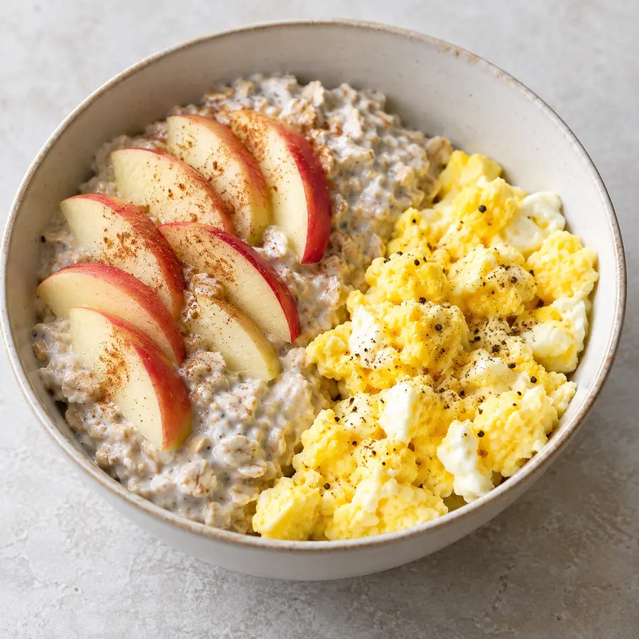Avena nocturna con yogur, manzana y huevos cocidos