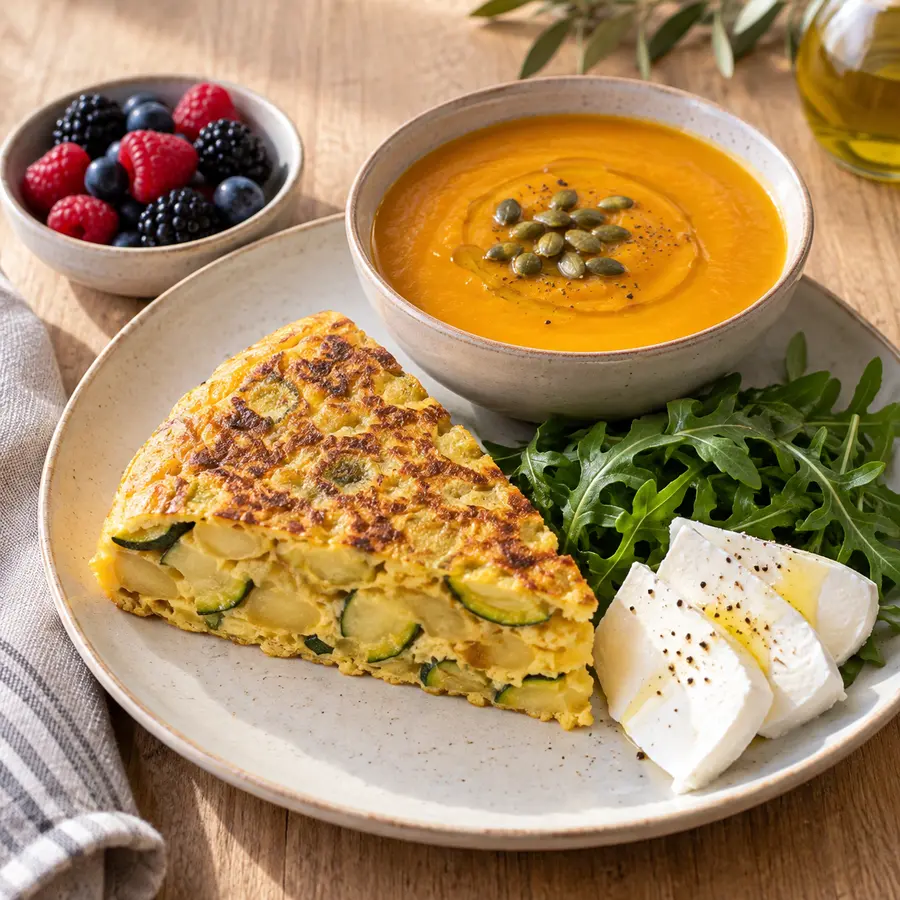 Tortilla de calabacín con crema de verduras y queso fresco