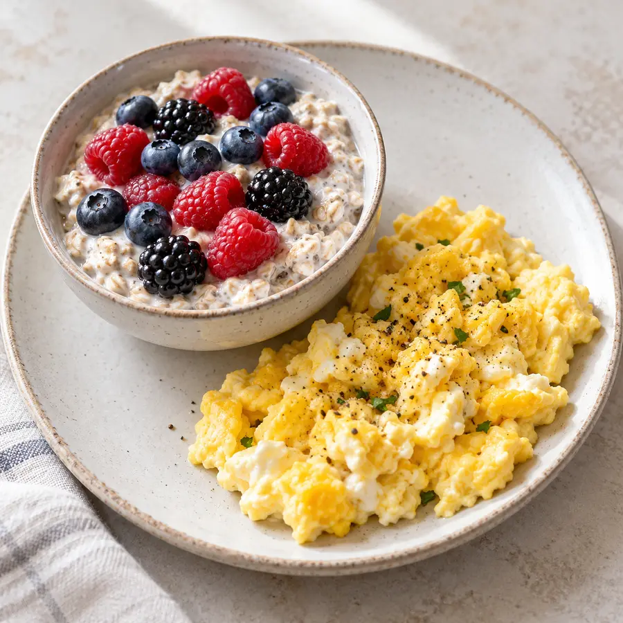 Avena nocturna con yogur, arándanos, moras y frambuesas acompañada de huevos revueltos
