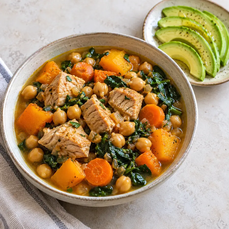 Guiso de garbanzos con pavo, calabaza, zanahoria y espinaca acompañado de aguacate