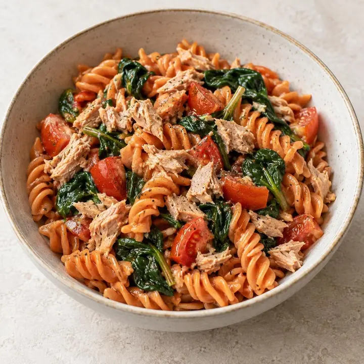 Plato de pasta de legumbres con atún, tomate y espinaca