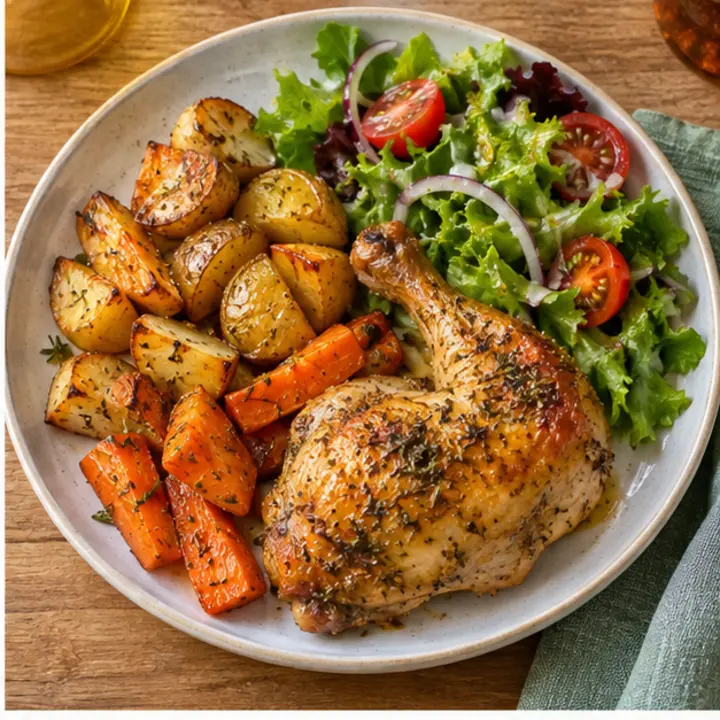 Muslo de pollo asado con patatas y zanahorias al horno y ensalada de hojas con tomate
