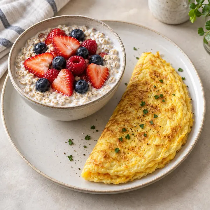 Bol de avena con fresas y frutos rojos junto a una tortilla francesa