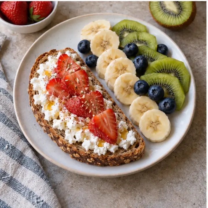 Tostada de pan de centeno con queso fresco batido y fresas junto a plátano, kiwi y arándanos