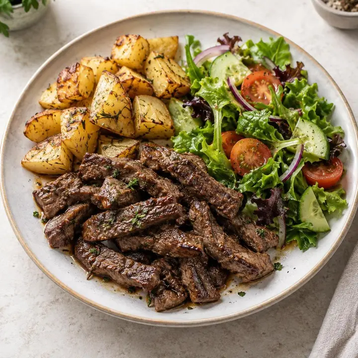 Tiras de ternera salteada con patatas asadas y ensalada de hojas verdes y tomate