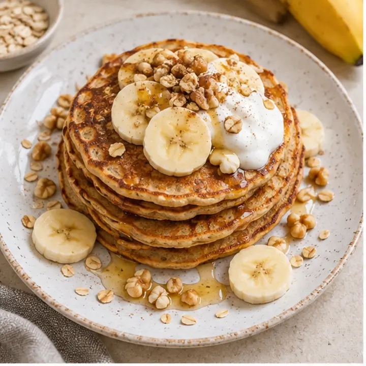 Pila de tortitas de avena con rodajas de plátano, yogur, nueces y un hilo de miel