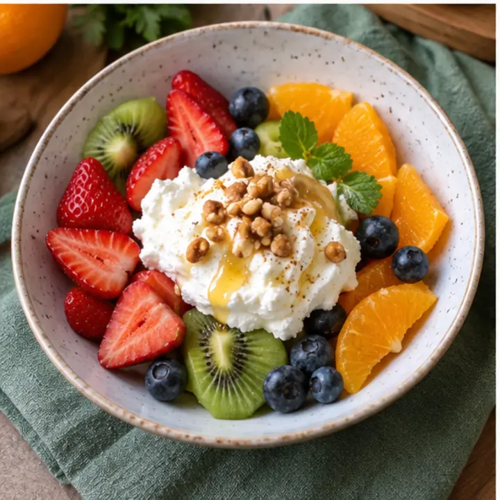 Queso fresco batido con fresas, arándanos, kiwi, gajos de naranja y nueces