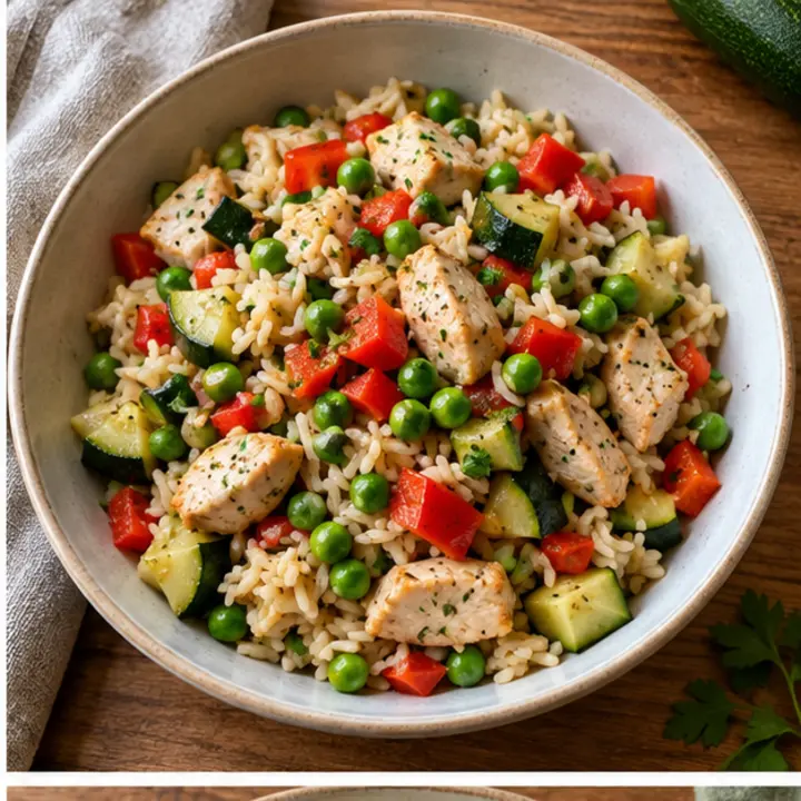 Bol de arroz con dados de pavo, guisantes, pimiento rojo y calabacín