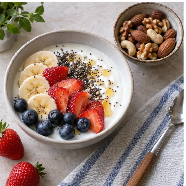 Yogur con plátano, fresas, arándanos y semillas de chía junto a un cuenco de frutos secos