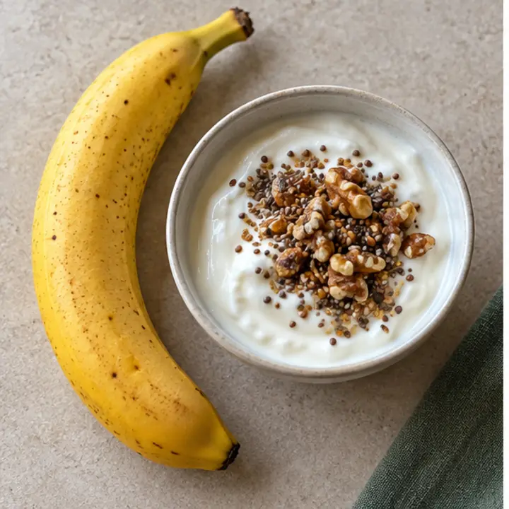 Un plátano entero junto a un cuenco de yogur con granola