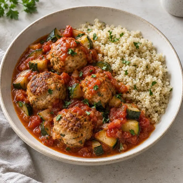 Albóndigas de pavo en salsa de tomate con calabacín junto a quinoa