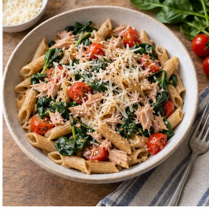 Plato de pasta integral con atún, espinaca, tomate cherry y queso rallado