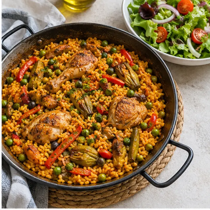 Paella de arroz con pollo, pimiento rojo, judías verdes y alcachofa junto a un cuenco de ensalada