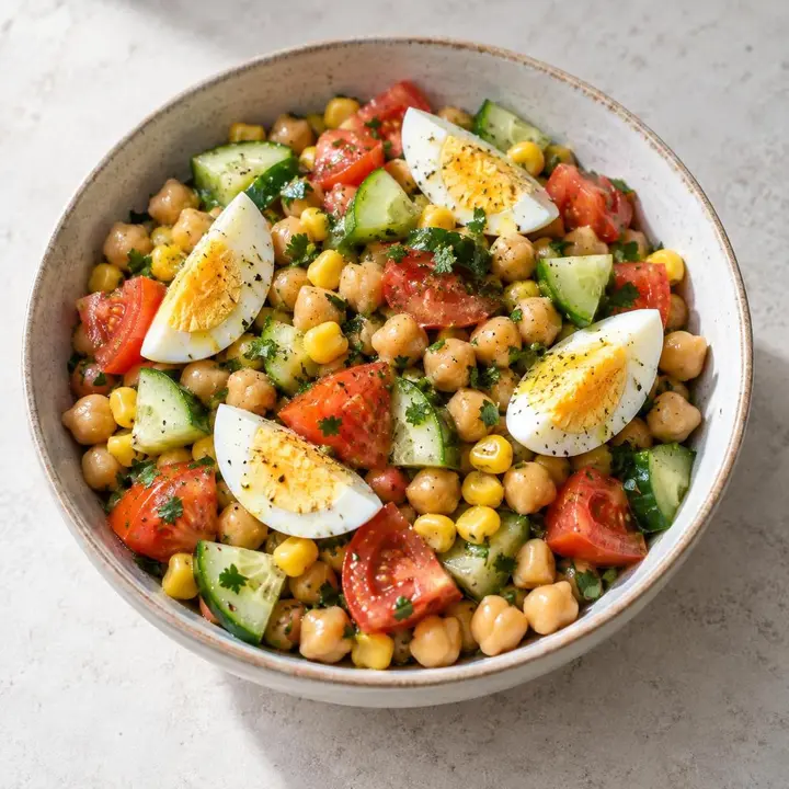 Ensalada de garbanzos con huevo cocido en cuartos, maíz, tomate y pepino