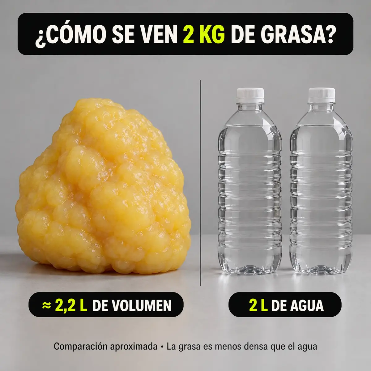 Comparación visual aproximada de dos kilos de grasa corporal, unos 2,2 litros de volumen, frente a dos botellas de agua de un litro